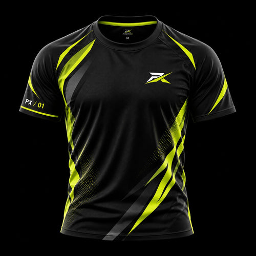 PROTOX CORE X performance tee, front: black with lime slashes and the PX mark on the chest