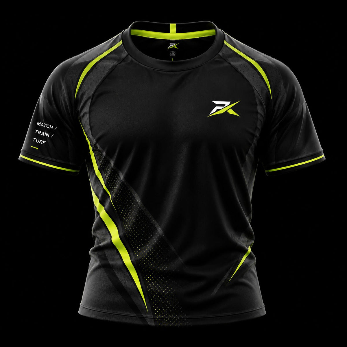 PROTOX STRIKE X training jersey, front: black with a lime slash and the PX mark on the chest